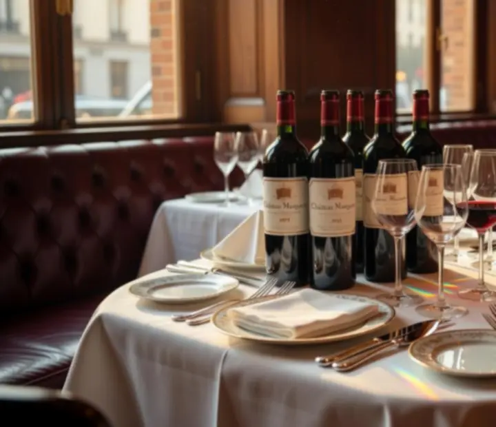 Bouteilles de grands vins rouges de Bordeaux dressées sur une table de restaurant parisien.