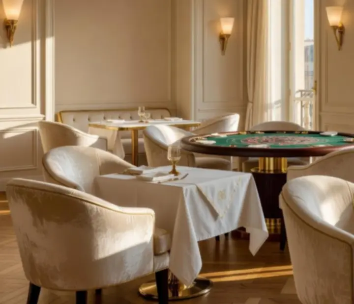 Salon Terrasse Ambre à Paris avec tables de roulette et poker sous une lumière ambrée.