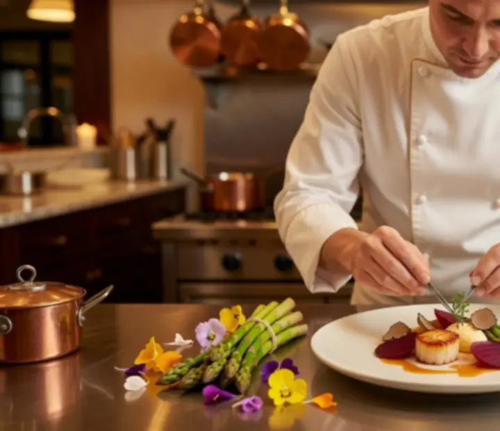 Chef dressant une assiette de haute cuisine française sur une table immaculée.