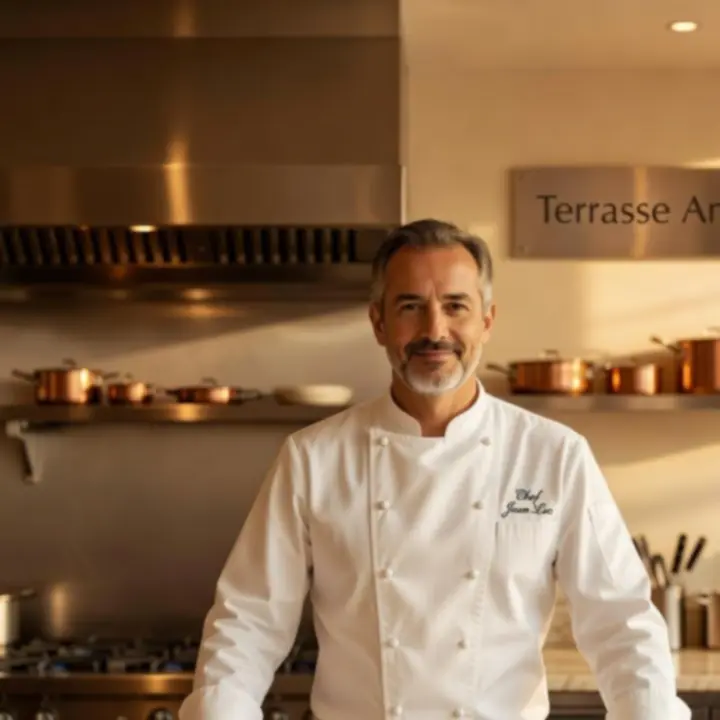 Portrait du Chef exécutif Louis Grenier dans la cuisine ouverte de Terrasse Ambre.