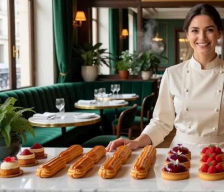 Portrait de la Cheffe pâtissière Sophie Leclair présentant un dessert contemporain.