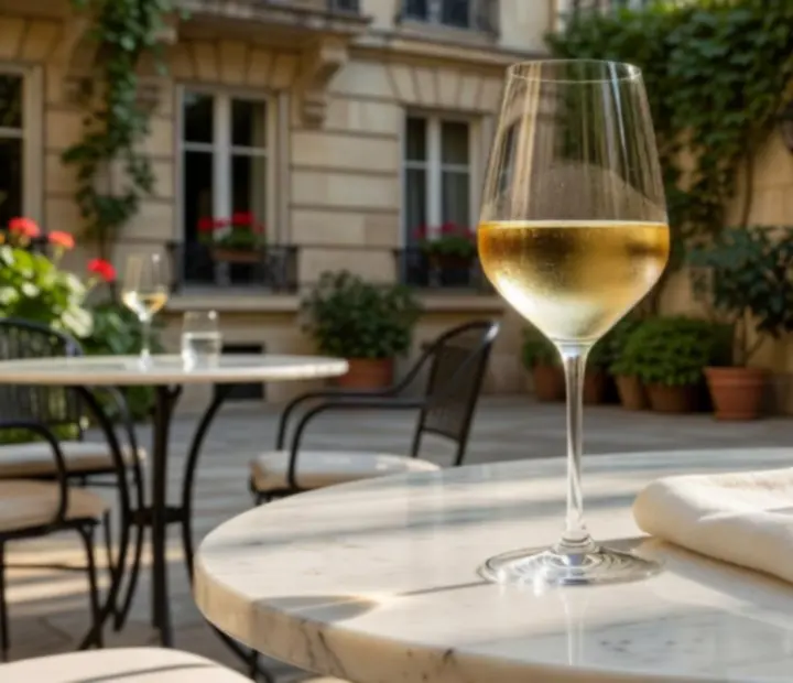 Verre de vin blanc d'Alsace rafraîchi sur une terrasse lumineuse.
