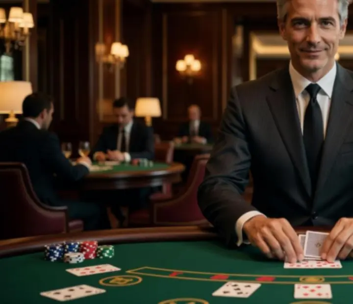 Croupier de casino professionnel dans un salon de jeux parisien raffiné.