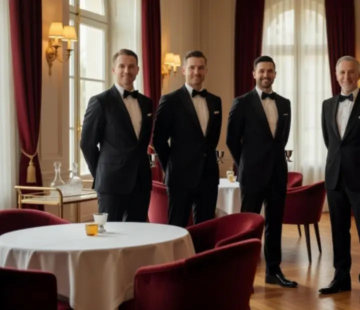 Équipe de service gastronomique et sommeliers préparant la salle dans un décor lumineux.