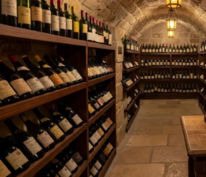 Ambiance feutrée d'une cave à vin parisienne avec flacons rares et lumière tamisée.