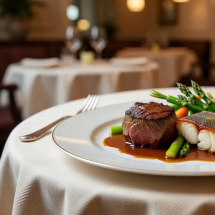 Plat principal gastronomique dress&eacute; avec pr&eacute;cision, refl&eacute;tant la haute cuisine de Terrasse Ambre.