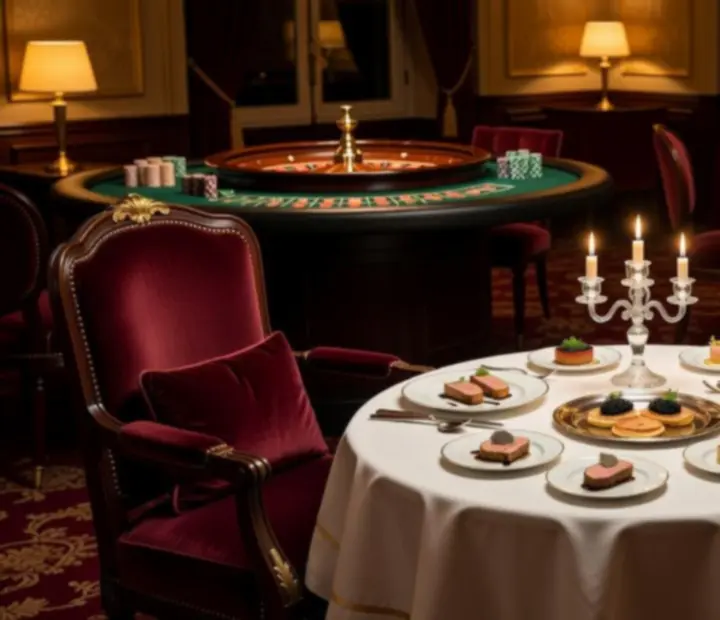 Ambiance feutr&eacute;e du salon de jeux avec table dress&eacute;e pour un service gastronomique &agrave; proximit&eacute; des tables de jeu.