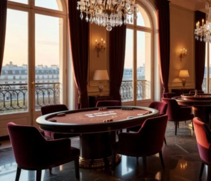 Salon de casino privé Terrasse Ambre avec terrasse parisienne lumineuse et tables de jeux.