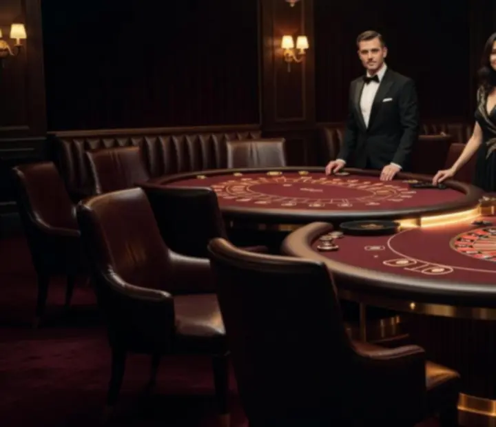 Salon de jeux privé avec table de poker, roulette éclairée et ambiance feutrée.