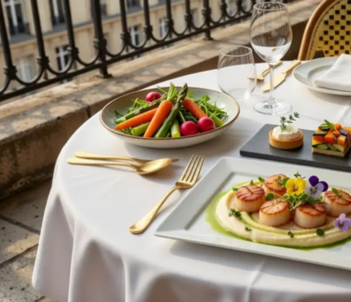 Assiette gastronomique de saison dress&eacute;e sur une table &agrave; la terrasse, dans une ambiance lumineuse et raffin&eacute;e.