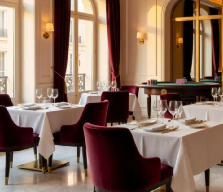 Terrasse parisienne lumineuse avec tables dressées et vue sur un salon de jeux avec roulette et table de poker.